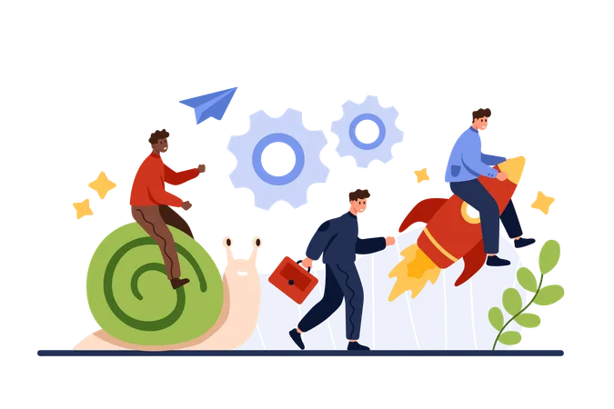 Slow And Fast Strategy For Career Growth Business Competition For Tiny People Employees Fly On Rocket And Ride On Snail Boost Development Of Skills With Motivation Cartoon Vector Illustration 일러스트레이션