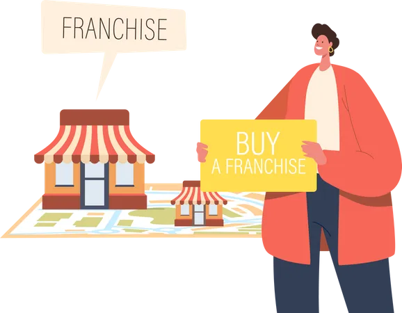 Small And Medium Enterprise Expansion Concept Male Character Holding Banner With Inscription Buy Franchise Near Huge Map With Vendor Kiosks SME Development Franchising Cartoon Vector Illustration Illustration