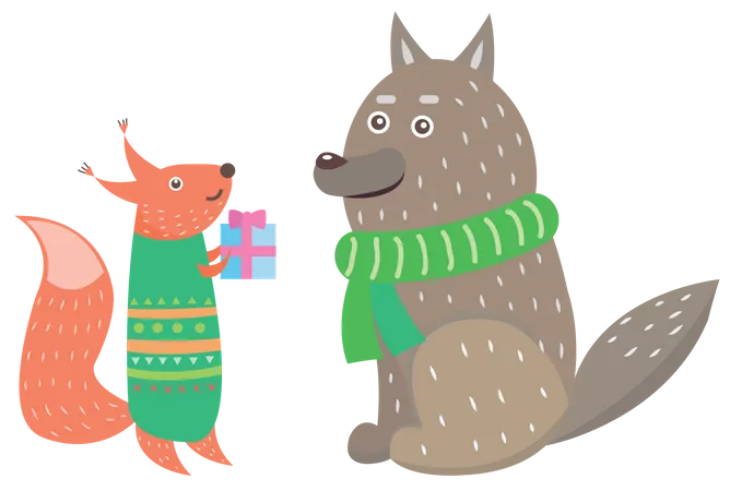 Small Animal Giving Gift to Another animal on Christmas  Illustration