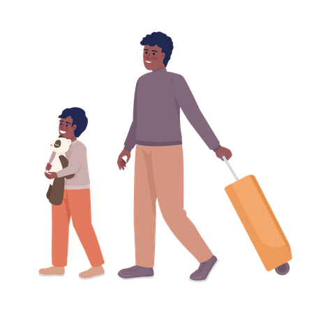 Small boy and father with valise going on plane  Illustration