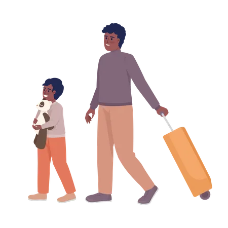 Small Boy And Father With Valise Going On Plane Semi Flat Color Vector Characters Editable Figures Full Body People On White Simple Cartoon Style Illustration For Web Graphic Design And Animation Illustration