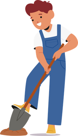 Small Boy Character in Blue Overalls Digs Eagerly  Illustration