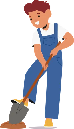 Small Boy Character in Blue Overalls Digs Eagerly  Illustration