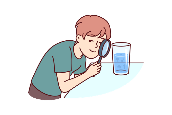 Small boy examines water in glass through magnifying glass  Illustration
