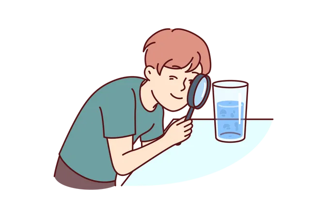 Small Boy Examines Water In Glass Through Magnifying Glass Studying Chemical Composition Liquid Or Looking For Microbes Teenage Child Curiously Studies Water Wanting To Work In Chemical Laboratory Illustration