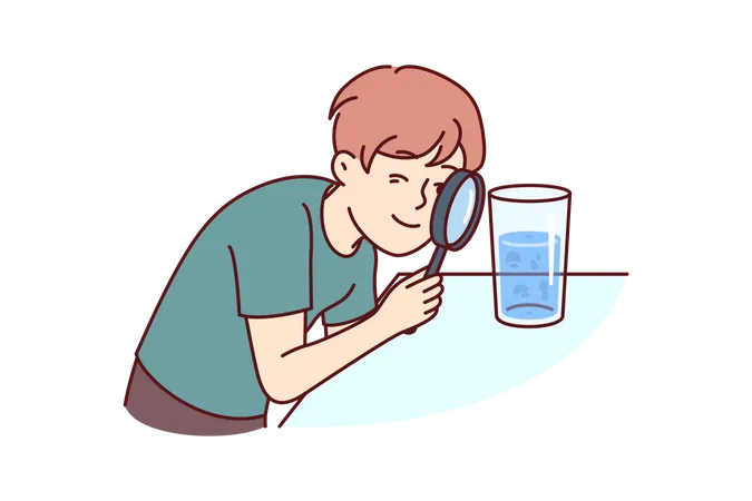 Small boy examines water in glass through magnifying glass  Illustration