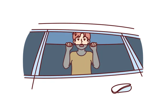 Small boy is locked in car and seeking help  Illustration