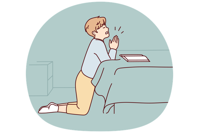 Small boy kneel pray at home  Illustration