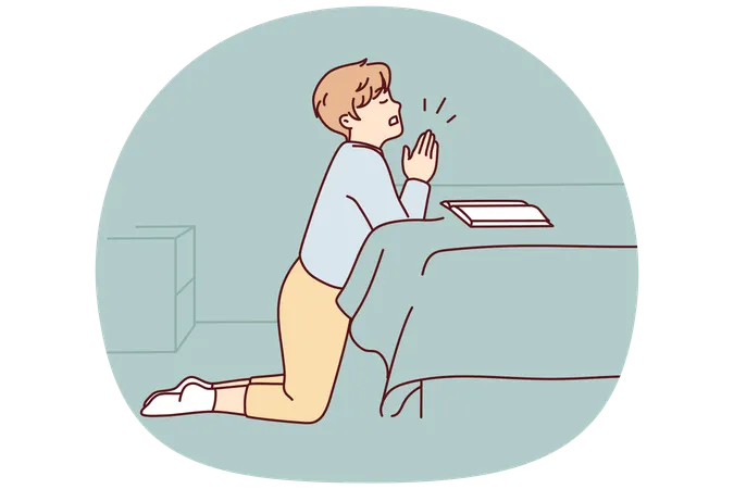 Small boy kneel pray at home  Illustration