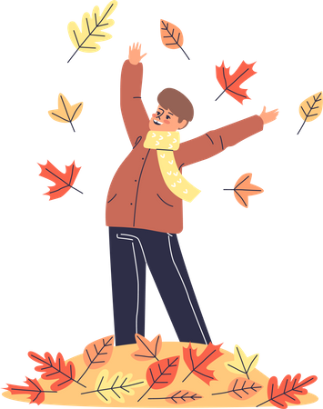 Small boy playing with yellow autumn leaves  Illustration