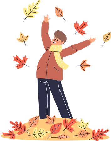 Small boy playing with yellow autumn leaves  Illustration