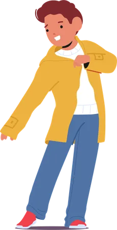 Small Boy Character Diligently Slips Into His Jacket Readying Himself For Brisk Walk Excitement Sparking In His Eyes As He Anticipates The Outdoor Adventure Ahead Cartoon People Vector Illustration イラスト
