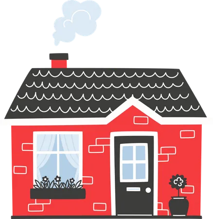 Small Bright Red House In Cartoon Style Illustration