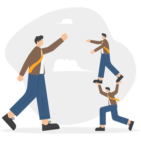 Small business on top of human pyramid negotiate with big business person  Illustration