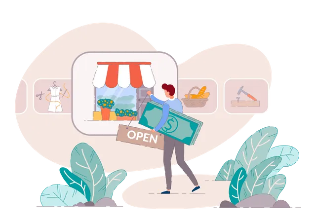 Small Business Owner Retail Store Concept Of Start Up Owen Business Small Business Owner Open Shop After Loan Aprproval Entrepreneur Open Shop Sign With Money Man Hangs Sign Openly On Shop Window Illustration