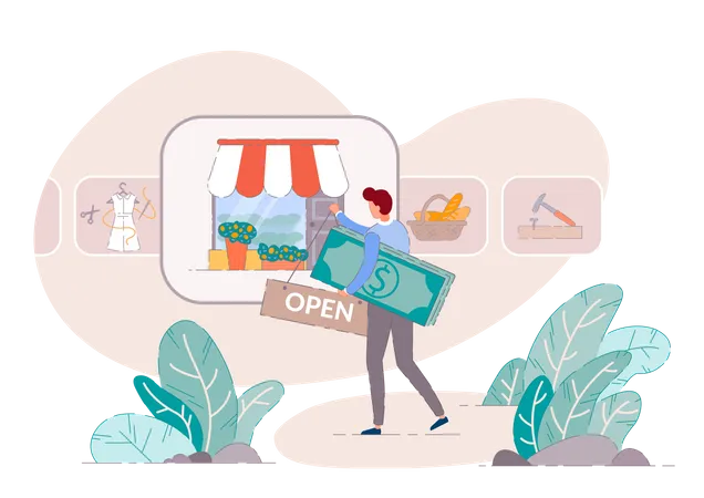 Small business owner open shop  Illustration