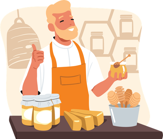 Small business owner selling honey in jar promoting organic homemade apiculture products  Illustration