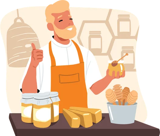 Small business owner selling honey in jar promoting organic homemade apiculture products  Illustration