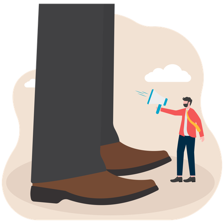 Small businessman holding megaphone standing on soles of giants  Illustration