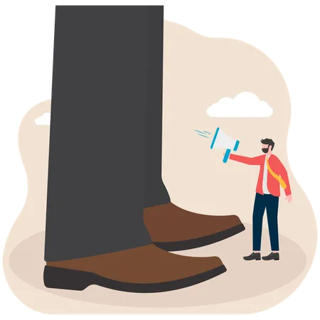 Small businessman holding megaphone standing on soles of giants  Illustration