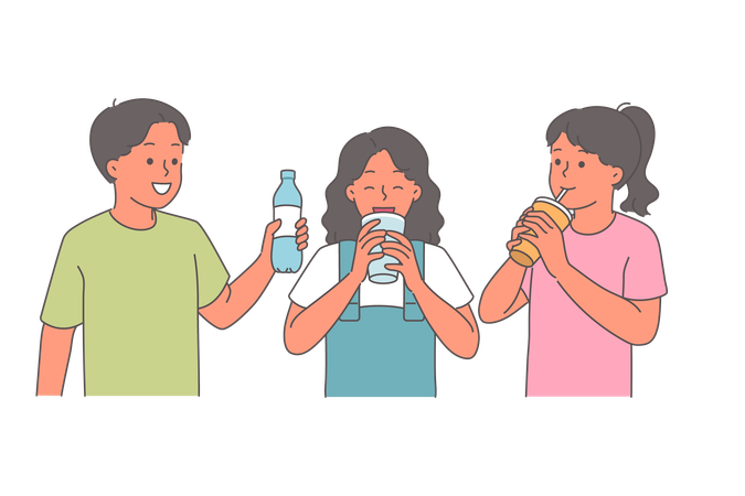 Small children drink water and lemonade to refresh themselves after walk in summer weather  Illustration