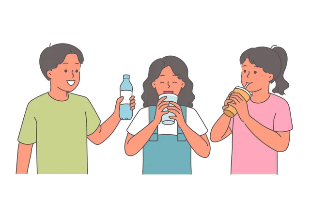 Small children drink water and lemonade to refresh themselves after walk in summer weather  Illustration