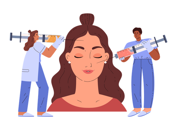 Small cosmetologist characters make beauty face injections to woman  Illustration
