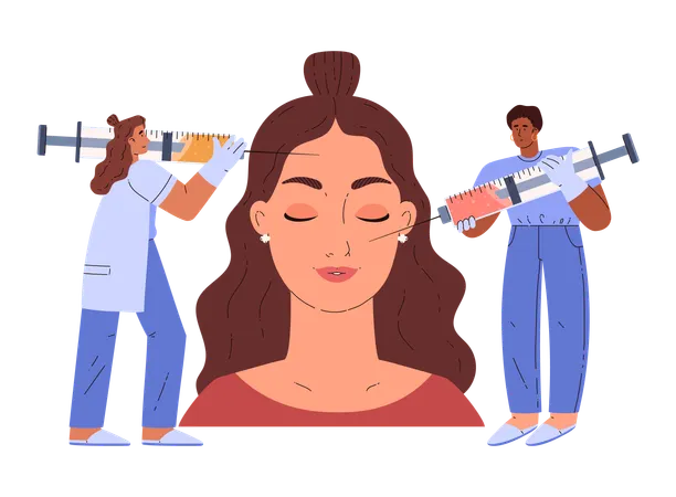 Small cosmetologist characters make beauty face injections to woman  Illustration