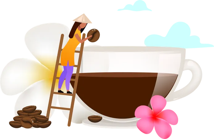 Small Family Coffee Business Flat Vector Illustration Small Scale Coffee Production Smallhoder Plumeria Flower Indonesia Isolated Cartoon Concept On White Background Illustration
