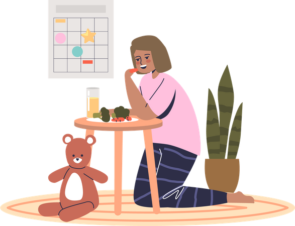 Small girl eating breakfast  イラスト