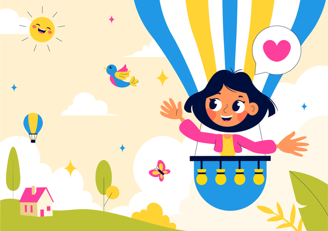 Small girl enjoying hot air balloon ride  Illustration