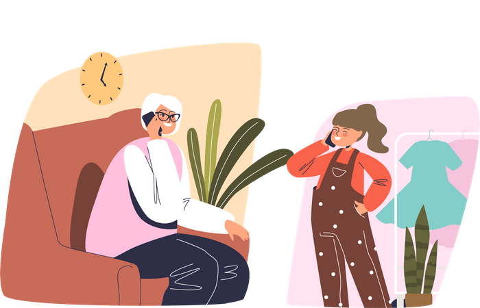 Small girl talking with grandmother on phone call  Illustration