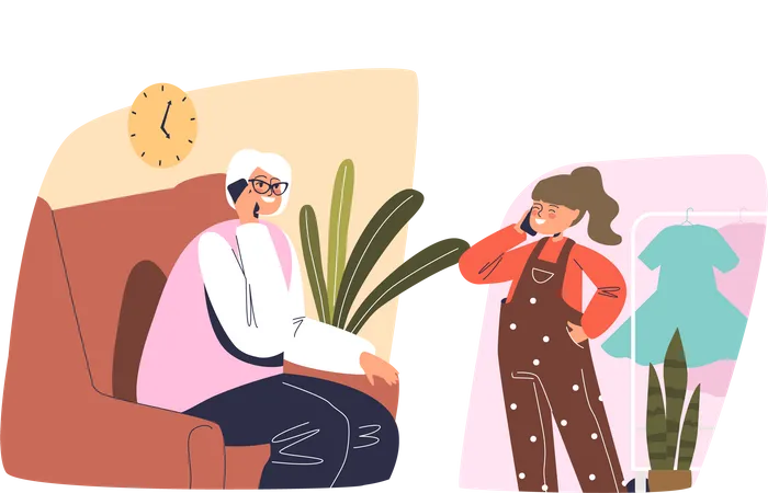 Small Girl Talking With Grandmother On Phone Call Granddaughter Calling Grandma Happy Smiling Mobile Phone Conversation Communication Concept Cartoon Flat Vector Illustration Illustration