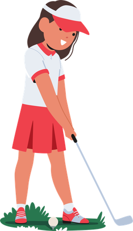 Small Joyful Girl Character Swings Her Golf Club With Carefree Delight  Illustration