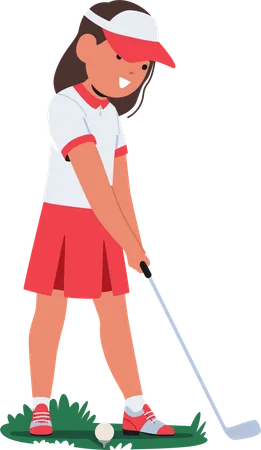 Small Joyful Girl Character Swings Her Golf Club With Carefree Delight  Illustration