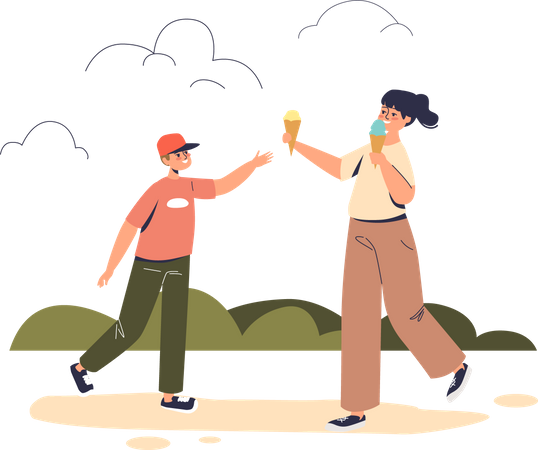 Small kids eat ice cream while walking outdoors  Illustration