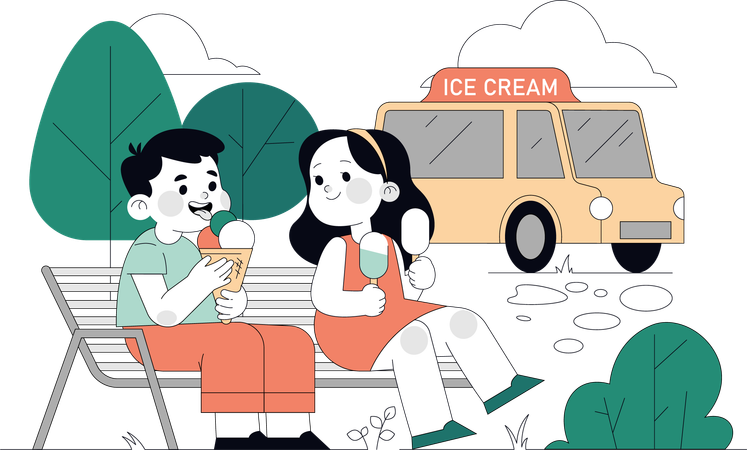 Small kids eating ice-cream in garden  Illustration