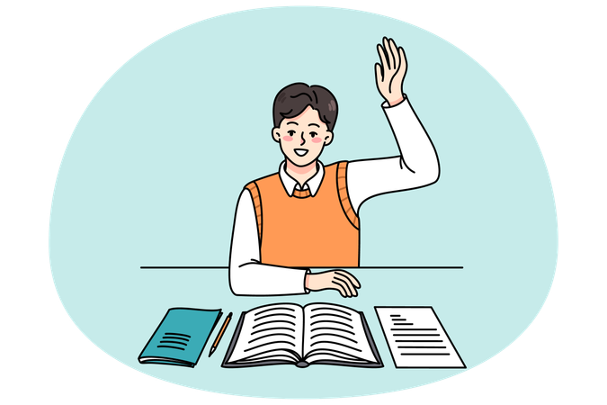 Smart active schoolboy raise hand  Illustration