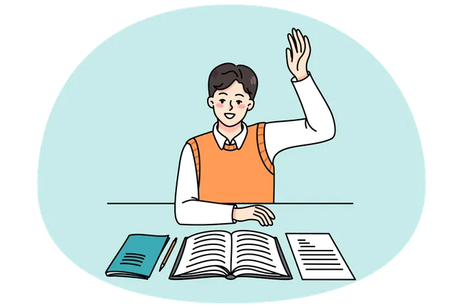 Smart active schoolboy raise hand  Illustration