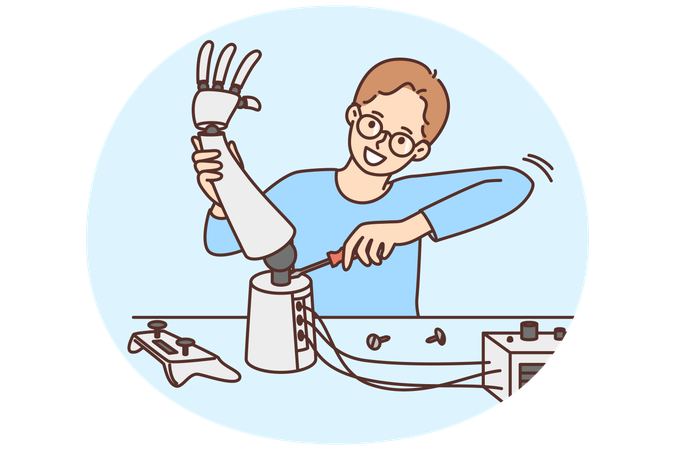 Smart boy develop robot in science lab  Illustration