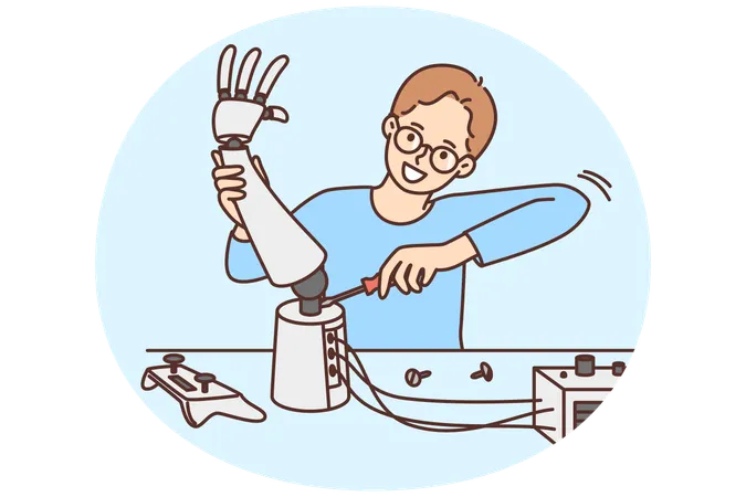 Smart boy develop robot in science lab  Illustration