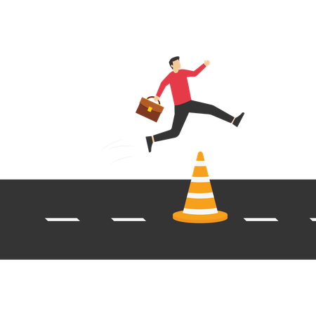 Smart bravery businessman run the way around and jump pass traffic pylon roadblock  Illustration