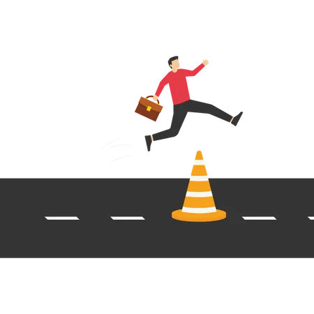Overcome Business Obstacle Smart Bravery Businessman Run The Way Around And Jump Pass Traffic Pylon Roadblock 일러스트레이션