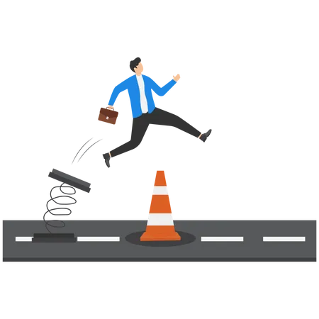 Overcome Business Obstacle Smart Bravery Businessman Run The Way Around And Jump Pass Traffic Pylon Roadblock Illustration