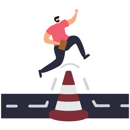 Smart bravery businessman run the way around and jump pass traffic pylon roadblock  Illustration
