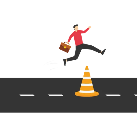 Smart bravery businessman run the way around and jump pass traffic pylon roadblock  Illustration