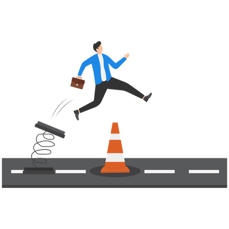 Smart bravery businessman run the way around and jump pass traffic pylon roadblock  Illustration