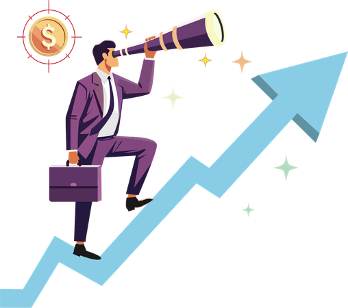 Smart business manager uses telescope to see future standing on rising arrow  Illustration