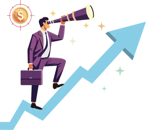 Smart business manager uses telescope to see future standing on rising arrow  Illustration