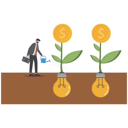 Smart business watering on growing money coin seedling plant from lightbulb idea  Illustration